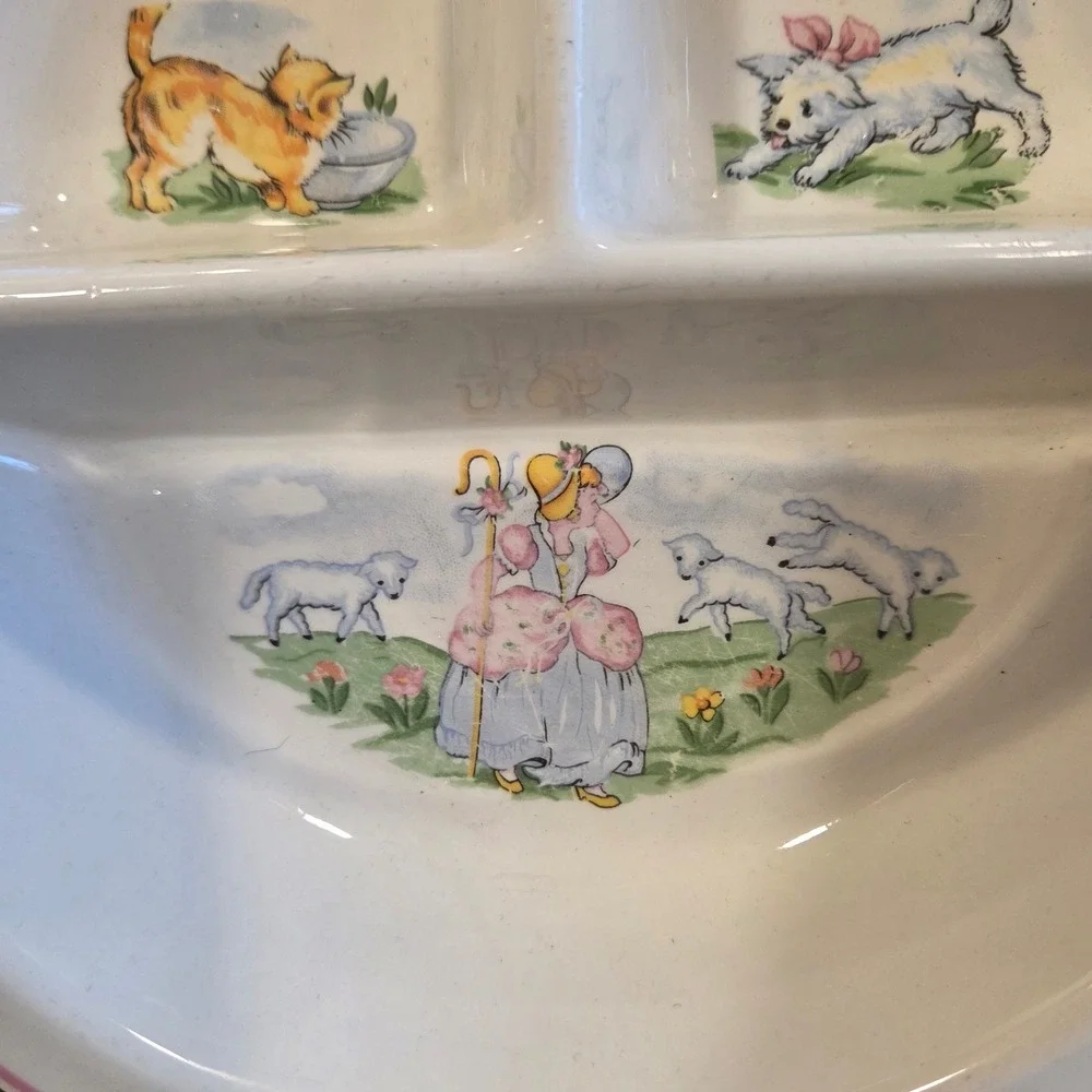 Vintage Baby Divided warming‎  Dish Plate Pink Trim Nursery Rhyme lil bow peep